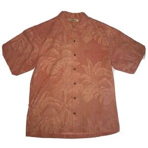 Tommy Bahama Mens Hawaiian Shirt Medium 100% Silk Palm Leaves Orange